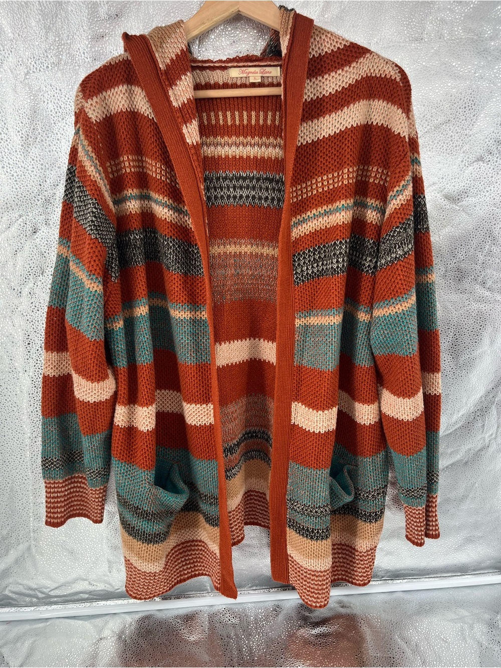 Magnolia Lane Striped Hooded Open Cardigan Sweater Rust Teal Chunky Large Knit